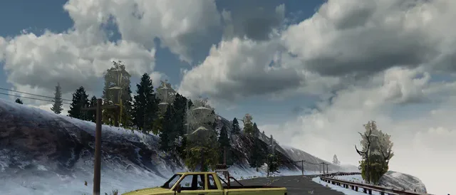 Cumulus clouds over the coast road at noon